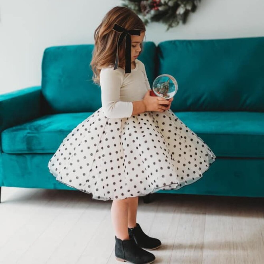 NWT Girls Pleiades Designs Black Ivory White Classic Polka Dot Tulle Dress sz 6